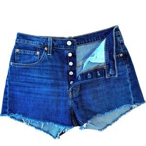 Levi's 501 High Rise Denim Jean Shorts Button Fly Raw Hem Cutoff Dark Wash, 29"